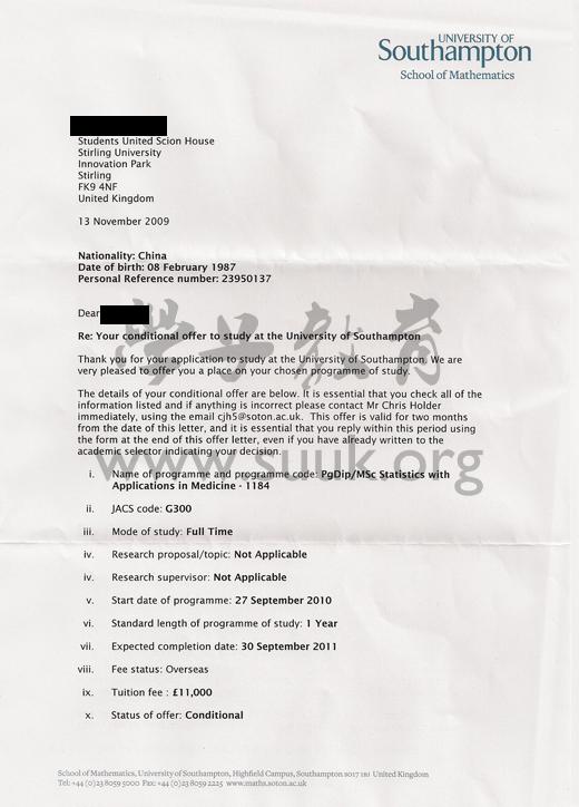 英国南安普敦大学医药应用统计学硕士