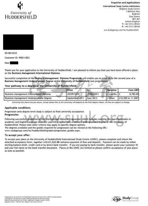 英国哈德斯菲尔德大学商务管理学本科文凭