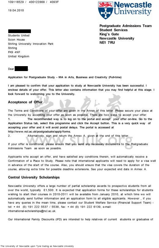 英国纽卡斯尔大学艺术,商务与创意学硕士