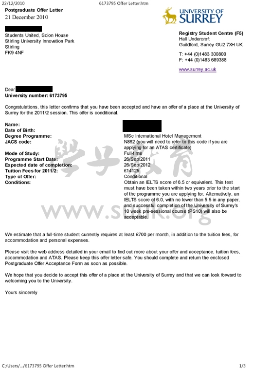 英国萨里大学国际酒店管理学硕士