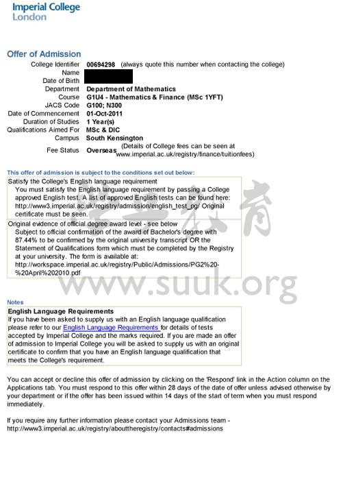 英国伦敦帝国理工学院数学和金融学硕士