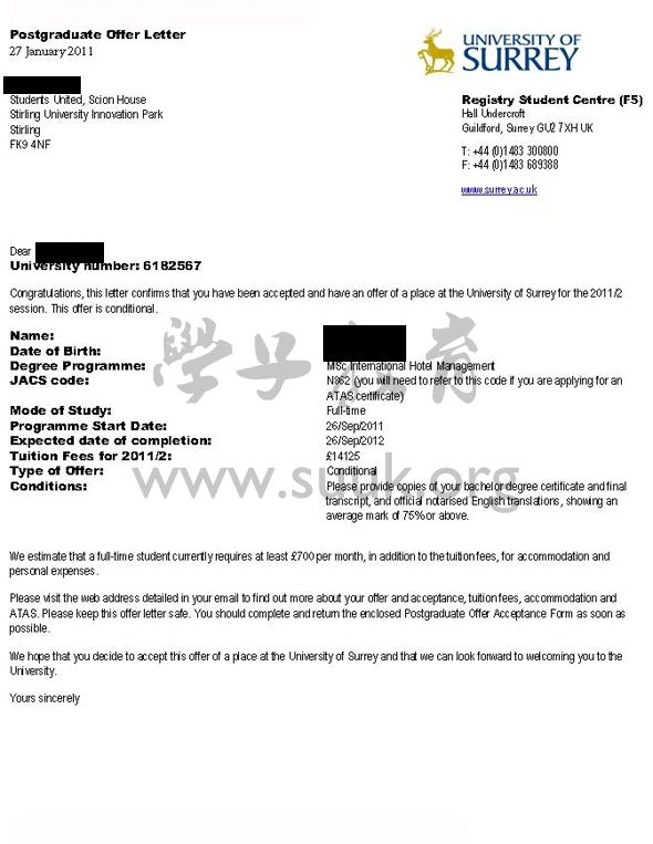 英国萨里大学国际酒店管理学硕士
