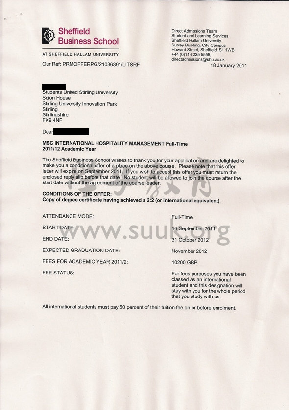 英国谢菲尔德哈雷姆大学国际酒店管理学硕士