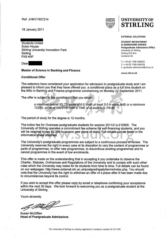 英国斯特林大学银行和金融学硕士