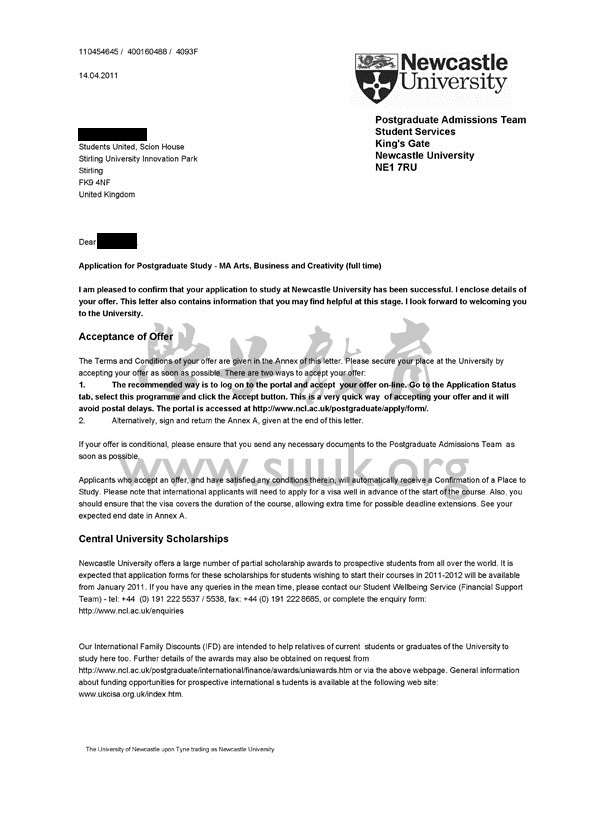 英国纽卡斯尔大学艺术，商务和创新学硕士