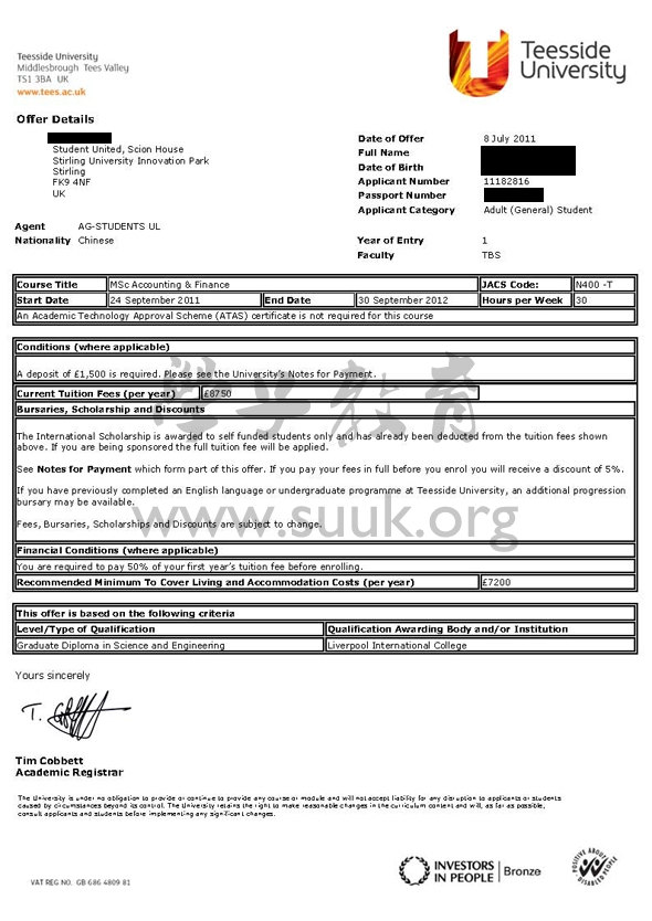 英国提赛德大学会计和金融学硕士