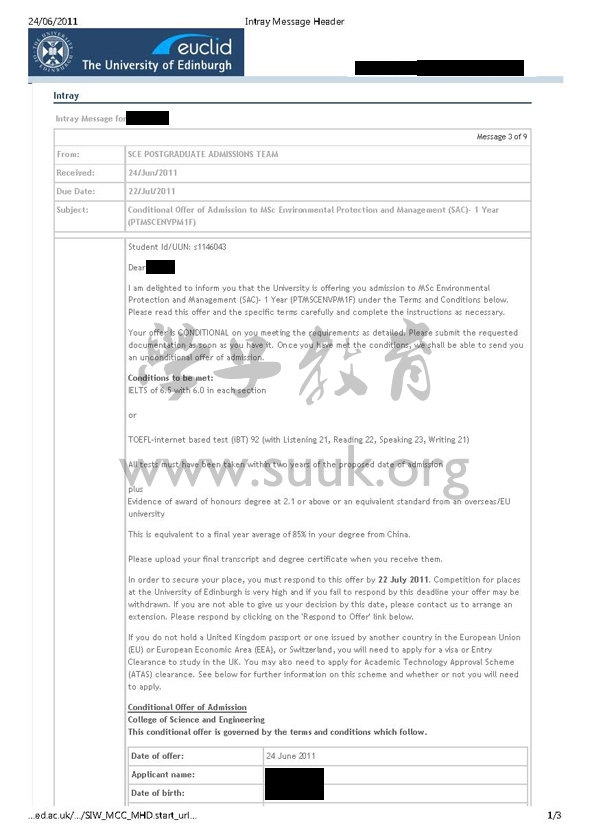 英国爱丁堡大学环境保护和管理学硕士