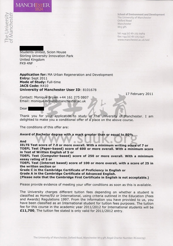 英国曼彻斯特大学城市改造和发展学硕士