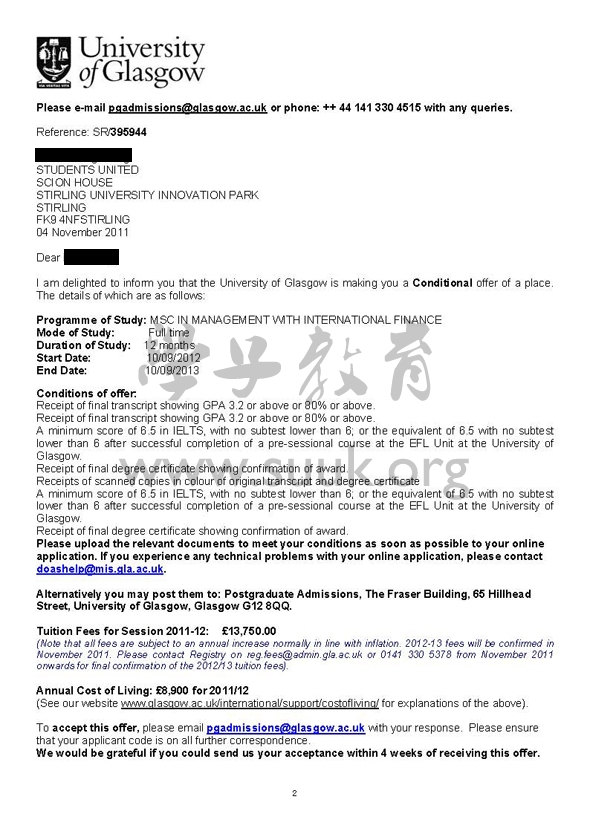 英国格拉斯哥大学管理和国际金融学硕士