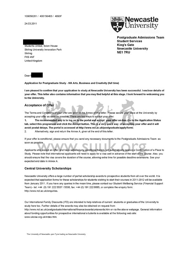 英国纽卡斯尔大学艺术，商务和创新学硕士