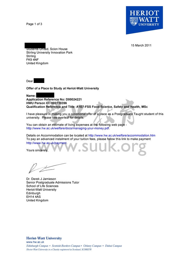 英国赫瑞瓦特大学食品科学，安全和健康学硕士