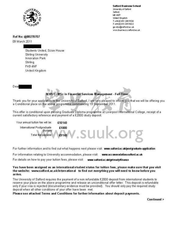 英国索尔福德大学金融服务管理学硕士