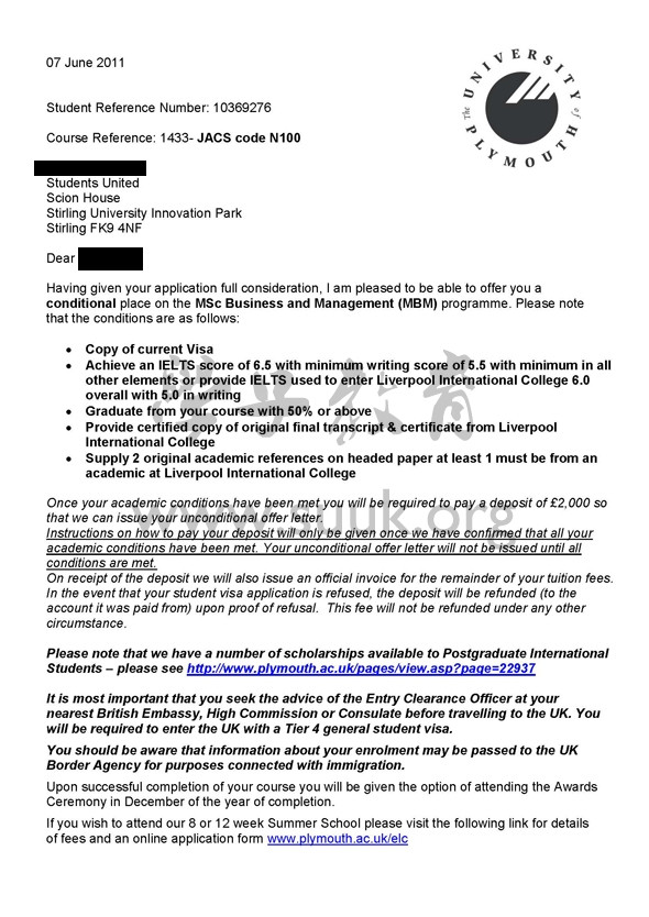 英国普利茅斯大学商务和管理学硕士