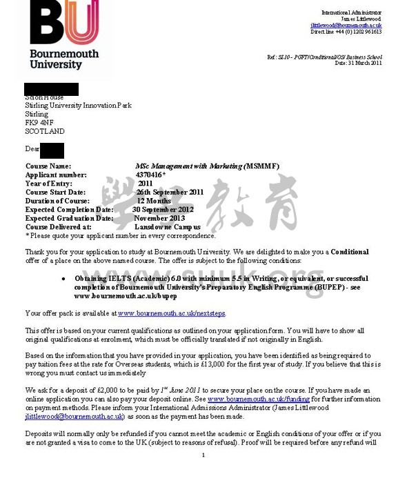 英国伯恩茅斯大学管理和市场营销学硕士