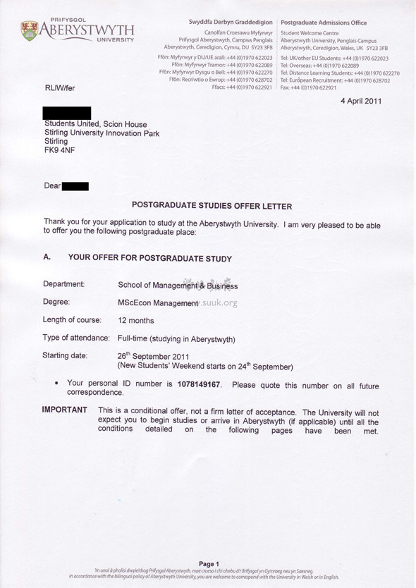 英国阿伯里斯特维斯大学管理学硕士