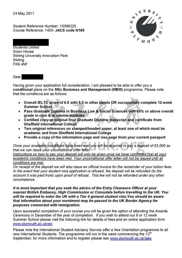英国普利茅斯大学商务和管理学硕士