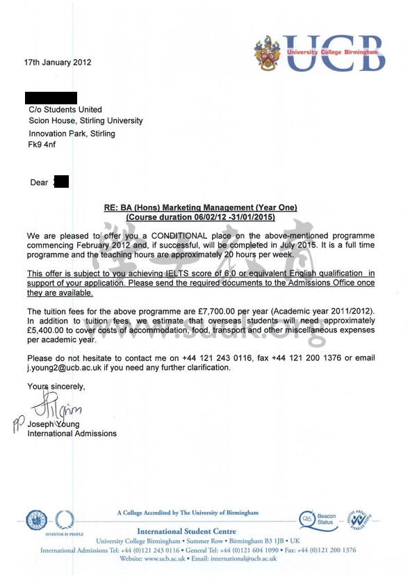 英国伯明翰大学学院市场管理学本科大一