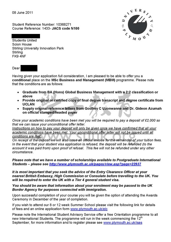 英国普利茅斯大学商务和管理学硕士