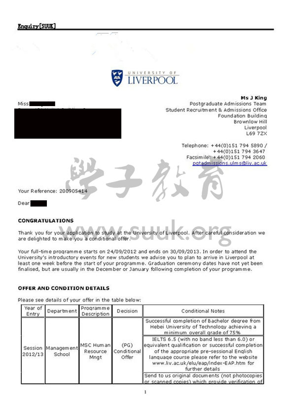 英国利物浦大学人力资源管理学硕士