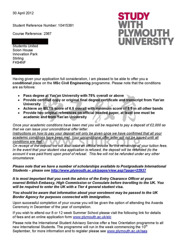 英国普利茅斯大学商务和管理学硕士