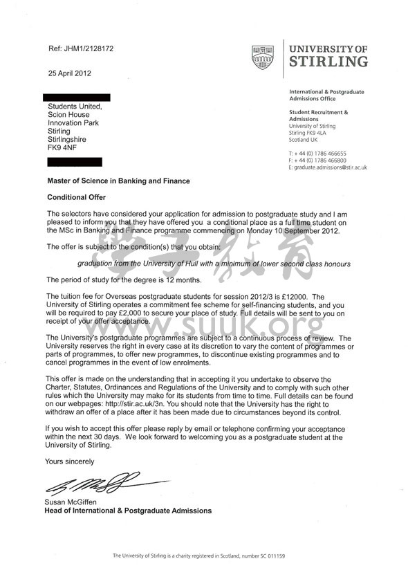 英国斯特林大学银行与金融学硕士
