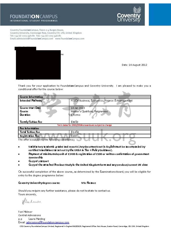 英国考文垂大学金融预科+硕士
