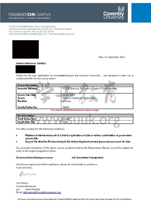 英国考文垂大学投资管理预科+硕士