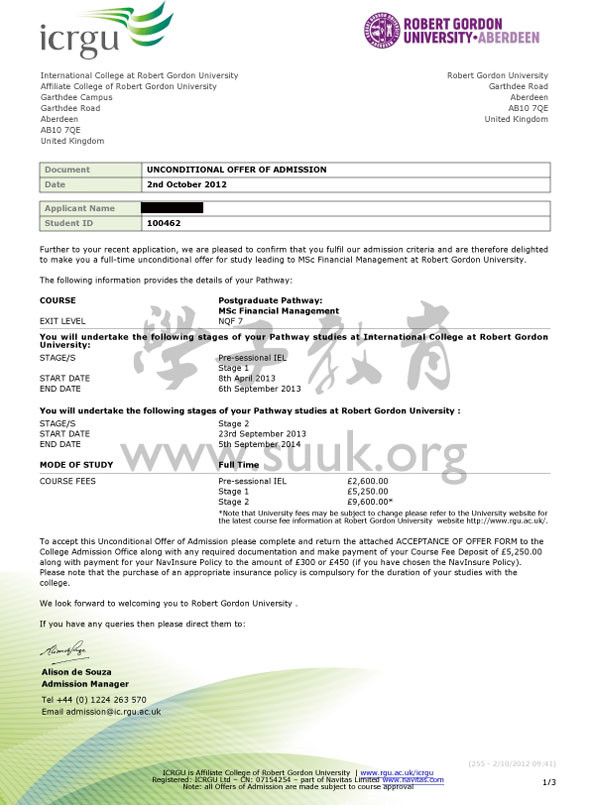 英国罗伯特戈登大学财务预科+硕士+语言课程