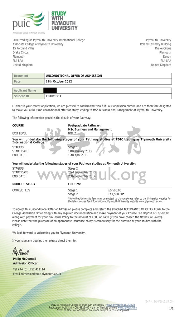 英国普利茅斯大学商务和管理预科+硕士