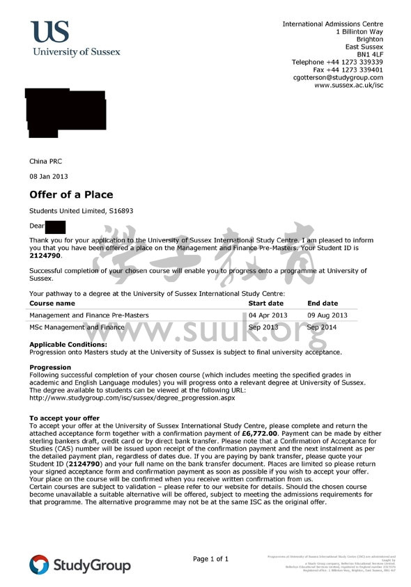 英国萨塞克斯大学管理和财务预科+硕士