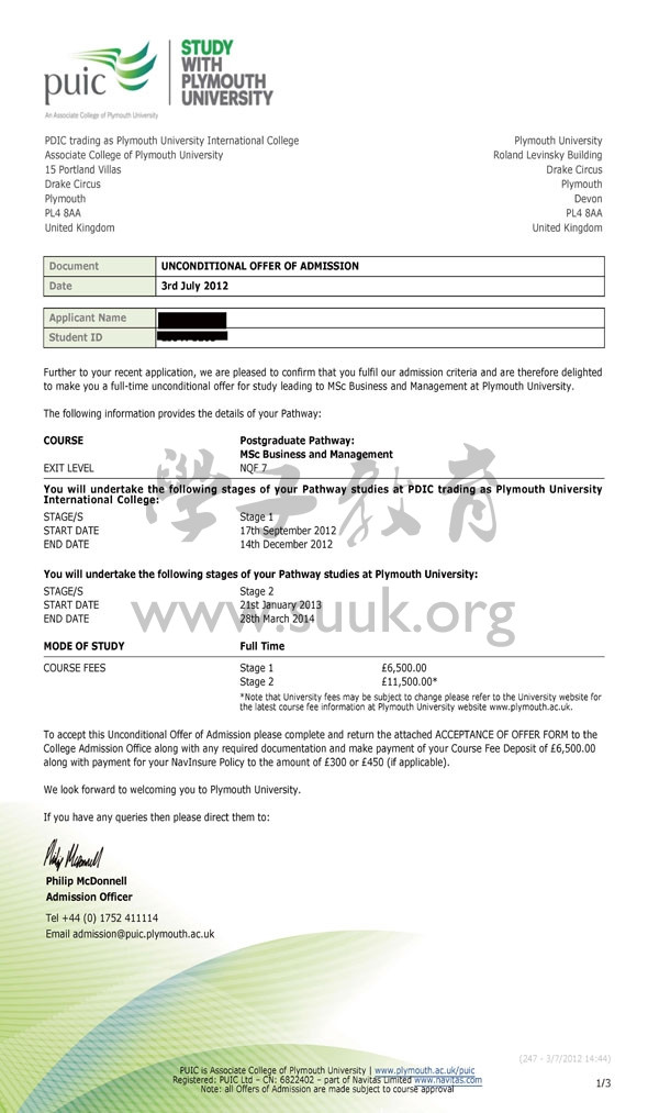 英国普利茅斯大学商务和管理预科+硕士