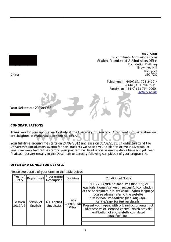 英国利物浦大学应用语言学硕士