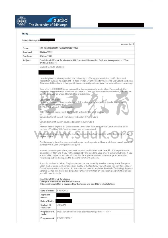 英国爱丁堡大学体育和娱乐业务管理硕士