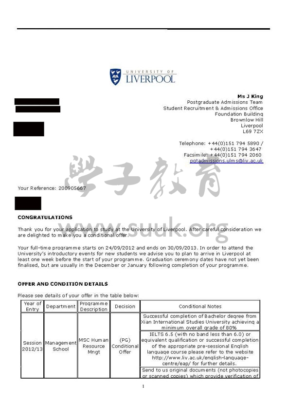 英国利物浦大学人力资源管理硕士
