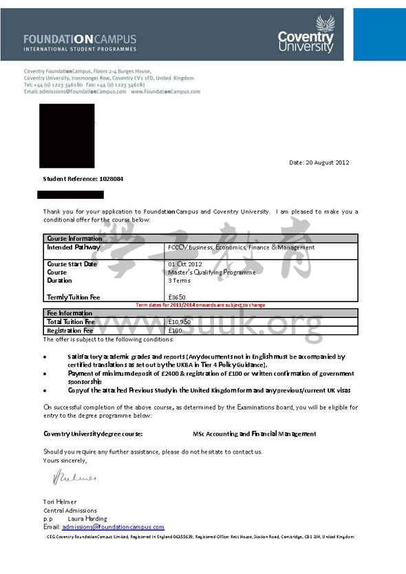 英国考文垂大学会计与财务管理硕士预科+硕士