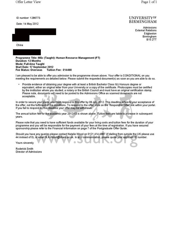 英国伯明翰大学人力资源管理硕士