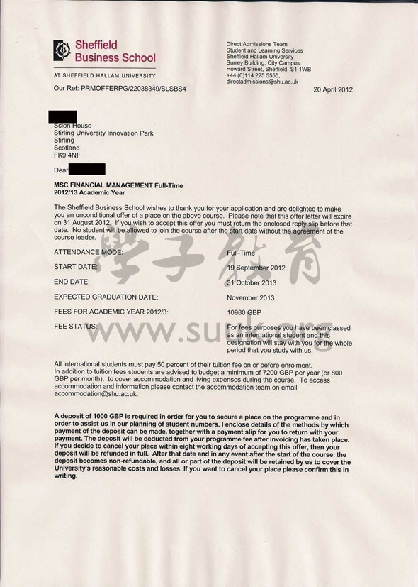 英国谢菲尔德哈勒姆大学金融管理硕士