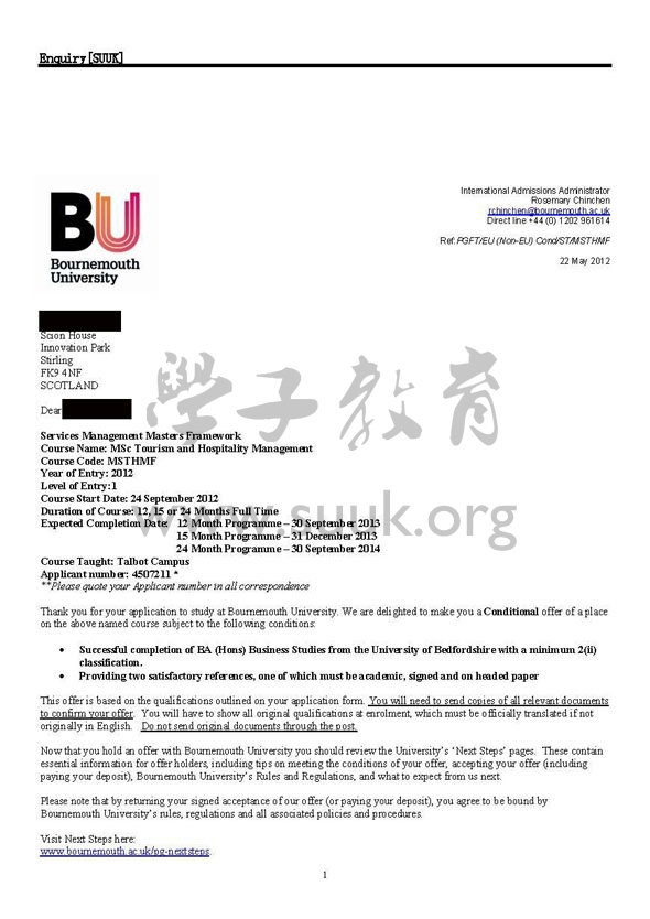英国伯恩茅斯大学旅游及酒店管理硕士