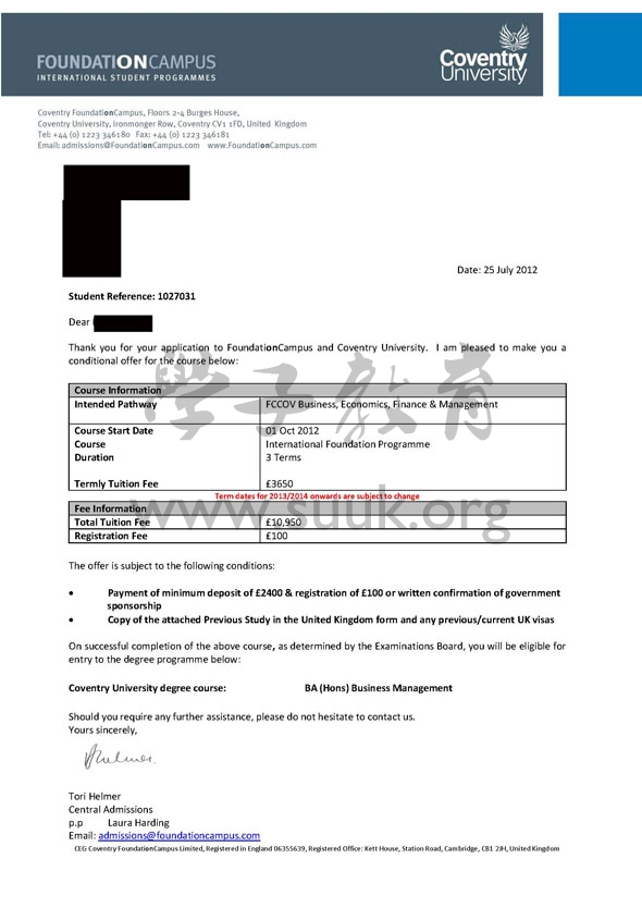 英国考文垂大学商务管理本科预科+本科