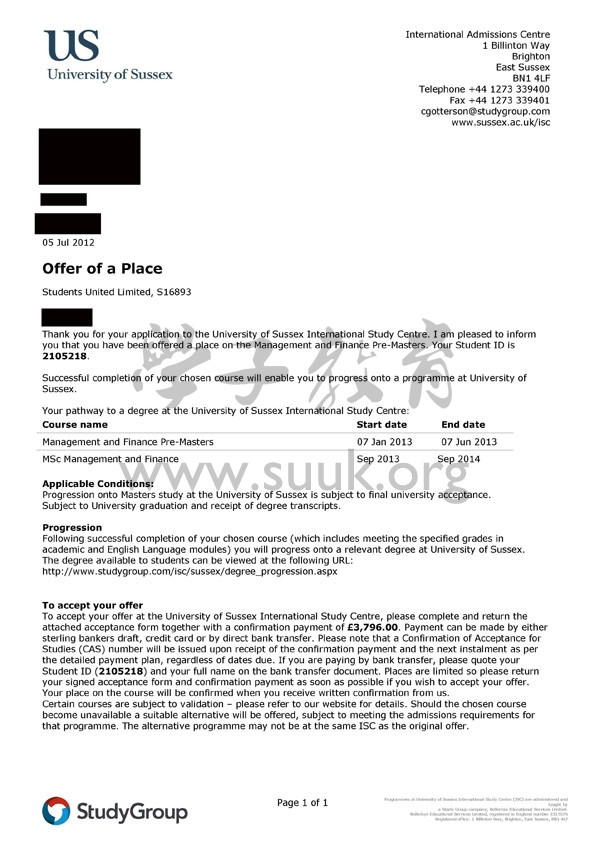 英国萨塞克斯大学管理和财务预科+硕士