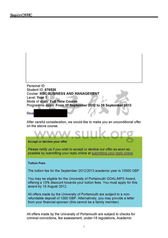 英国朴茨茅斯大学商务和管理学硕士