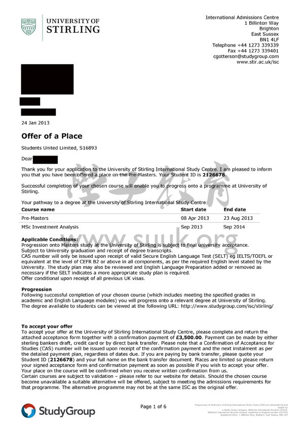 英国斯特林大学投资分析硕士预科+硕士