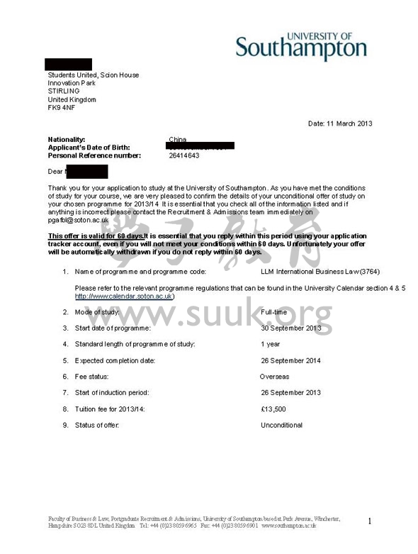 英国南安普敦大学国际商业法硕士