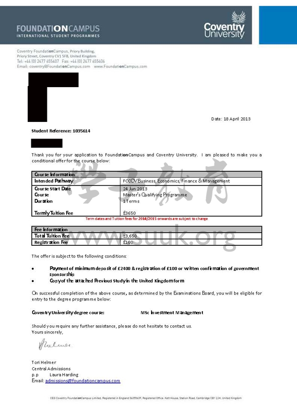 英国考文垂大学投资管理硕士预科+硕士