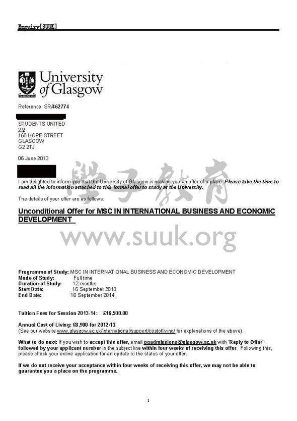 英国格拉斯哥大学国际商业及经济发展硕士
