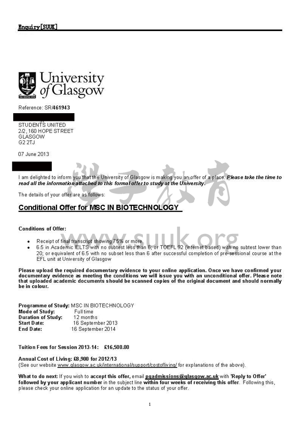 英国格拉斯哥大学生物技术硕士