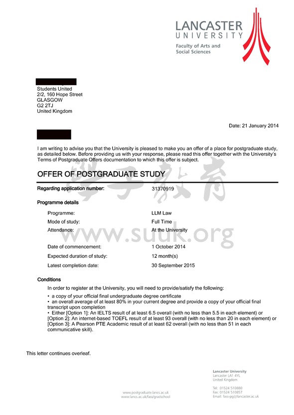 英国兰卡斯特大学法学硕士