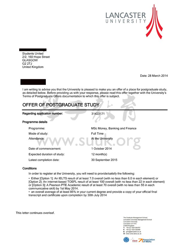 英国兰卡斯特大学货币，银行和金融硕士