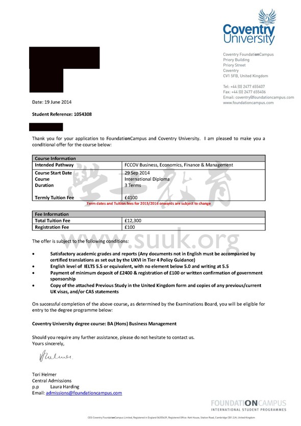 英国考文垂大学商务管理本科预科+本科