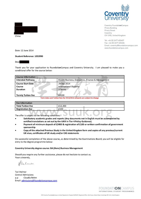 英国考文垂大学商务管理本科预科+本科